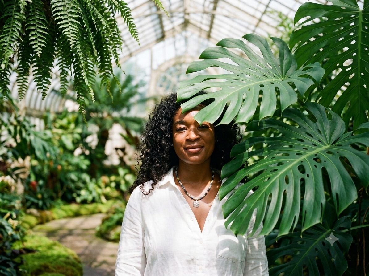 Shaniece E. White, founder of The Power Stations Framework, surrounded by tropical greenery